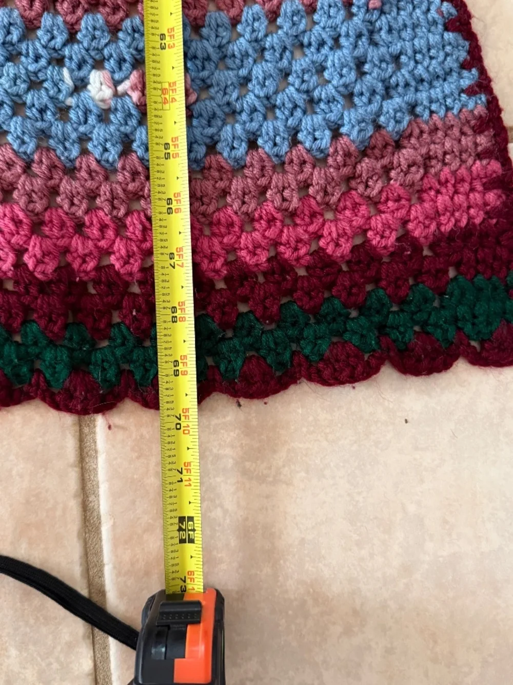 Handmade Crochet Afghan Throw Striped Blanket Grandmacore Red Mauve Green Black